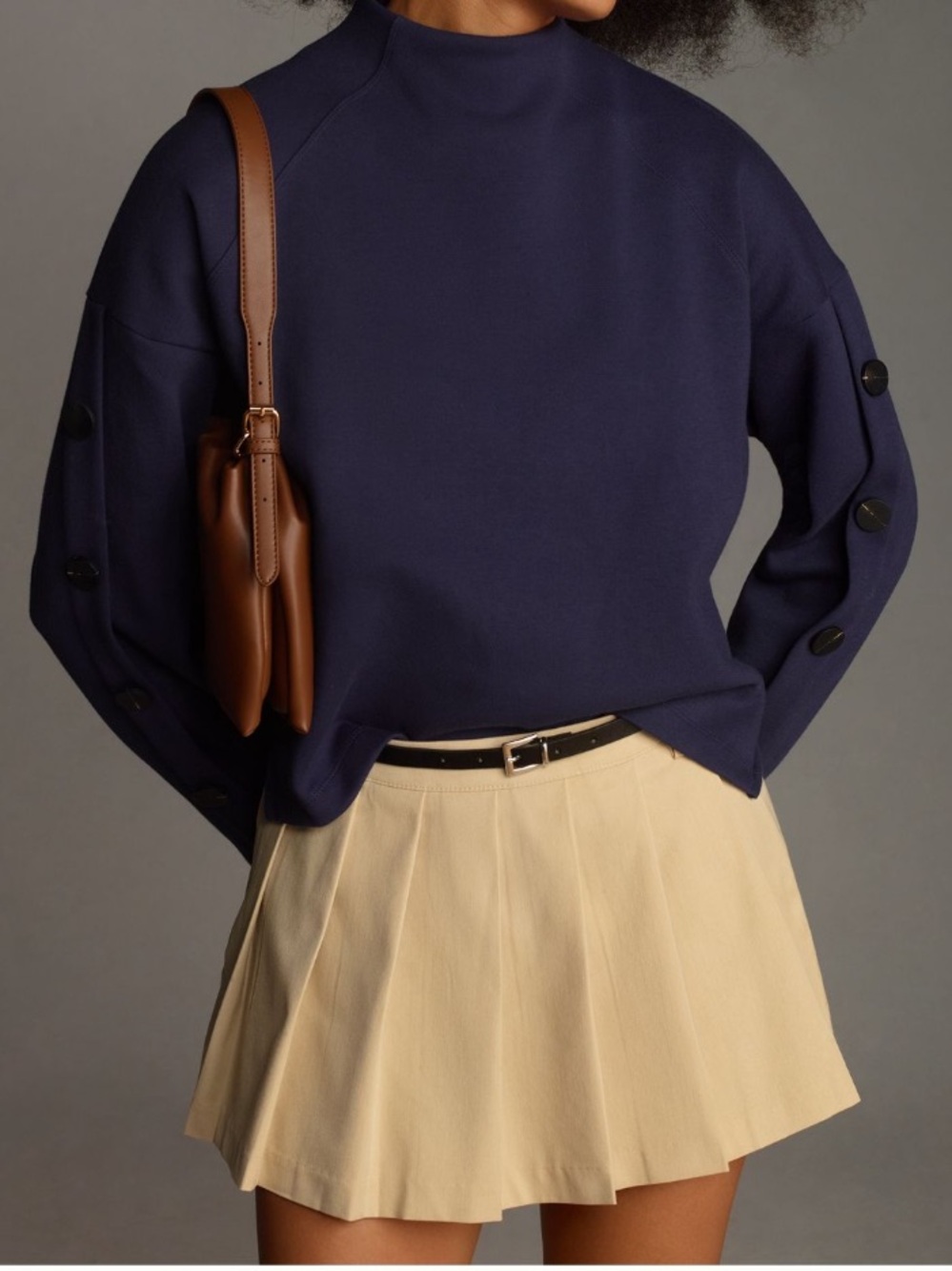 By Anthropologie Structured Button Sleeve Top Crop Long Knit Funnel Neck Blue M